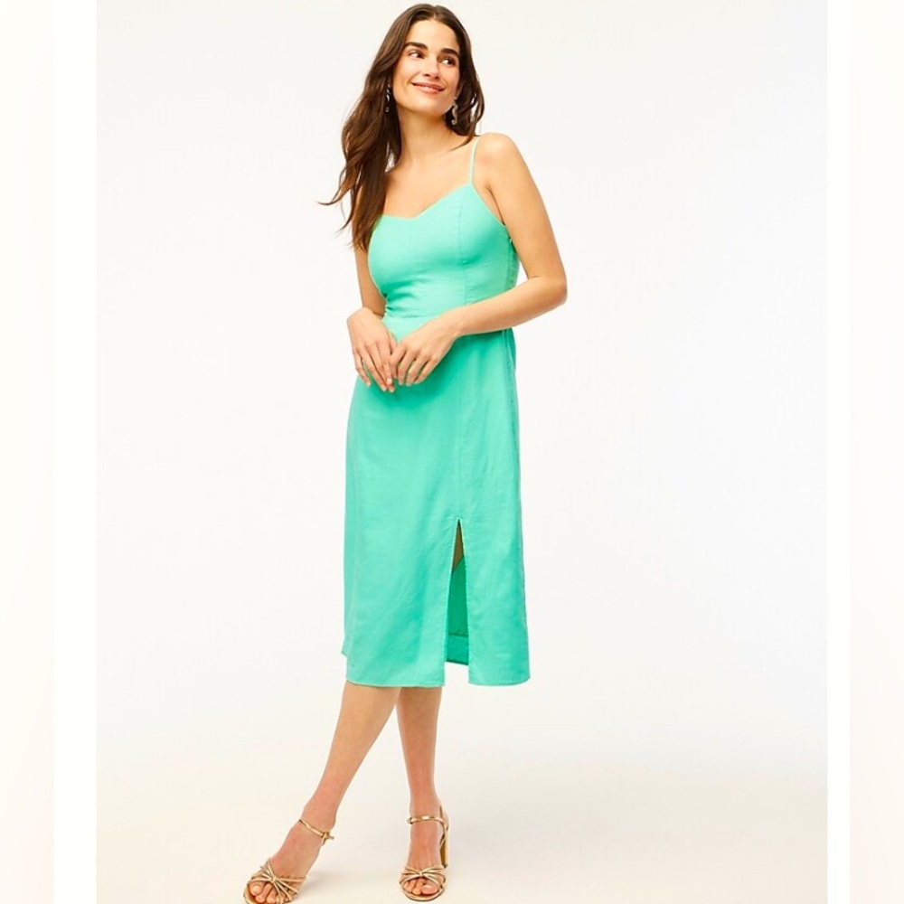 J Crew Factory linen blend slip midi dress, size 8, sea foam green. EUC